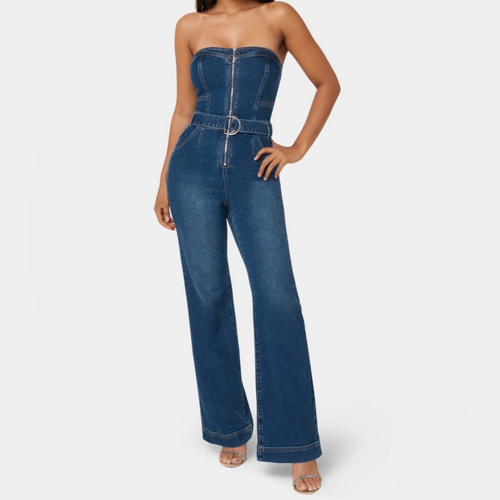 Bebe Front Zipper Wide Leg Denim Jumpsuit Strapless NWT - Size 6